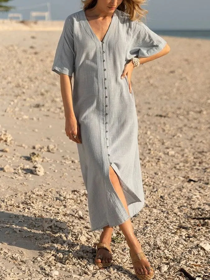 Women's Casual Solid Color V-Neck Mid Sleeve Cotton and Linen Button Dress