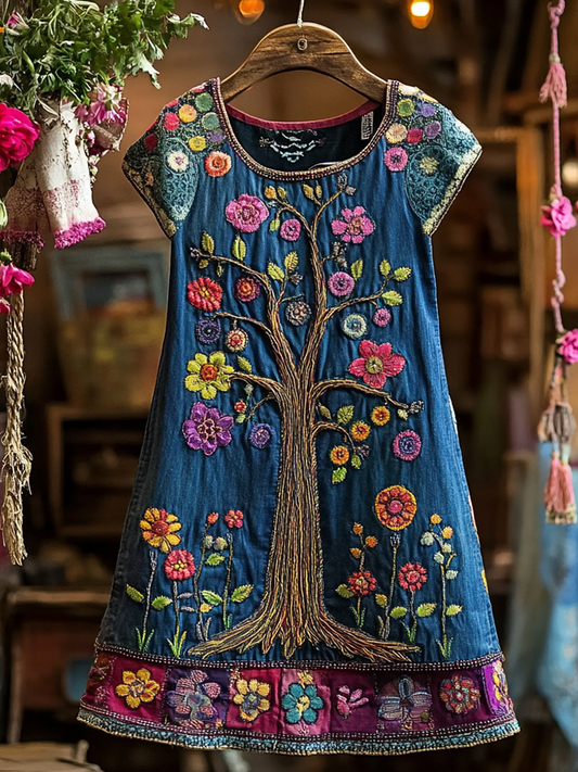 Vintage Colorful Trees Embroidery Denim Art Sleeveless Dress