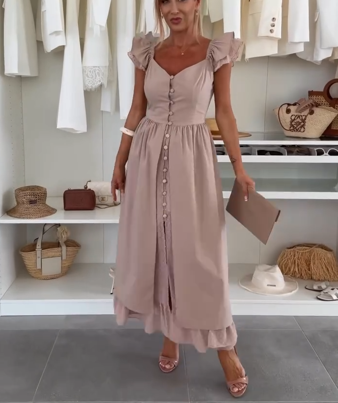 Polka Dot Ruffle Sleeve Midi Dress with Double Layer