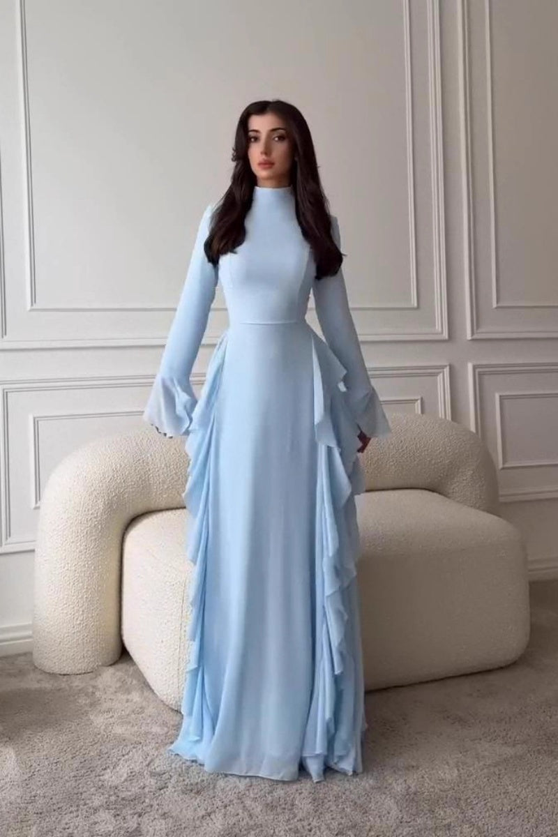 Elegant Crew Neck Long-Sleeve Maxi Dress with Ruffled Details & Flared Bell Sleeves
