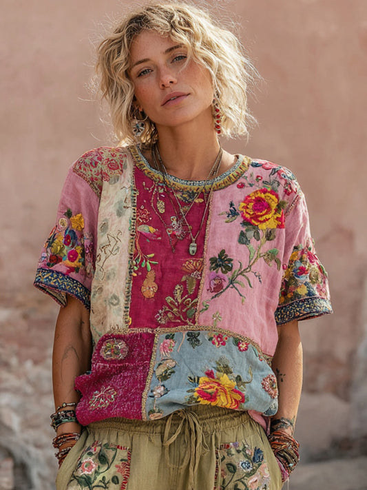 Women's Vintage Bohemian Floral Embroidery Art Round Neck Linen Blend T-shirt
