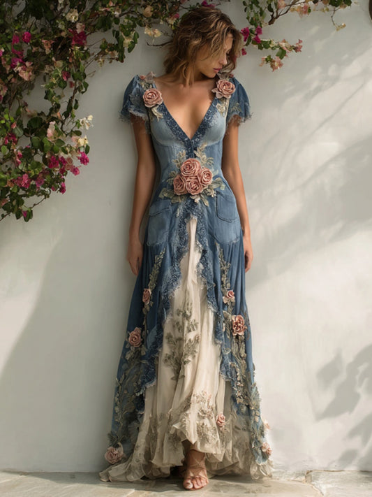 Women's Elegant Roses Embroidered Art Patchwork V Neck Short Sleeve Maxi Dress