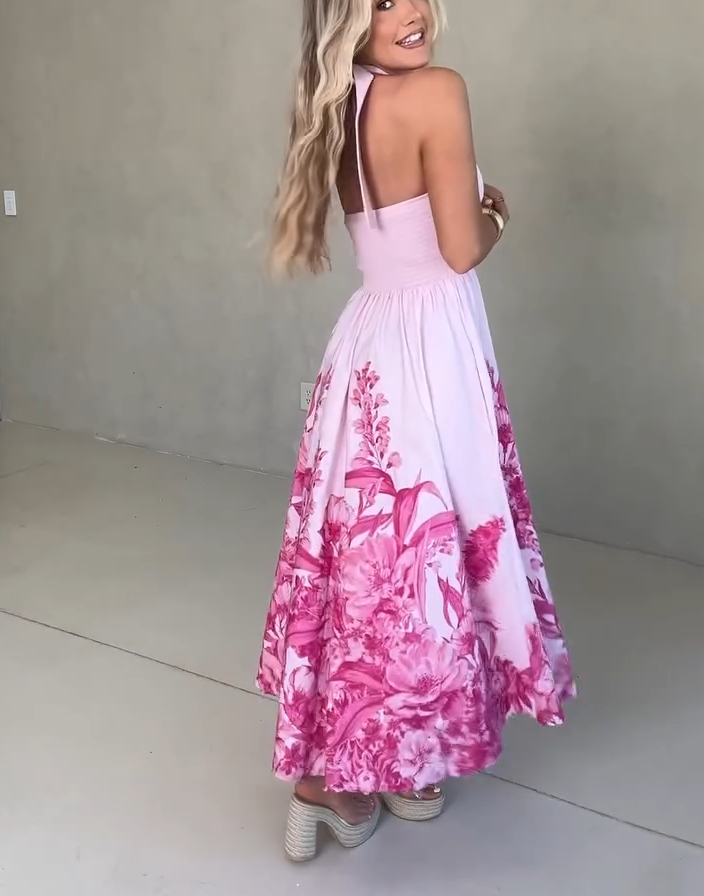 Pink Floral Print Halter Neck Midi Dress