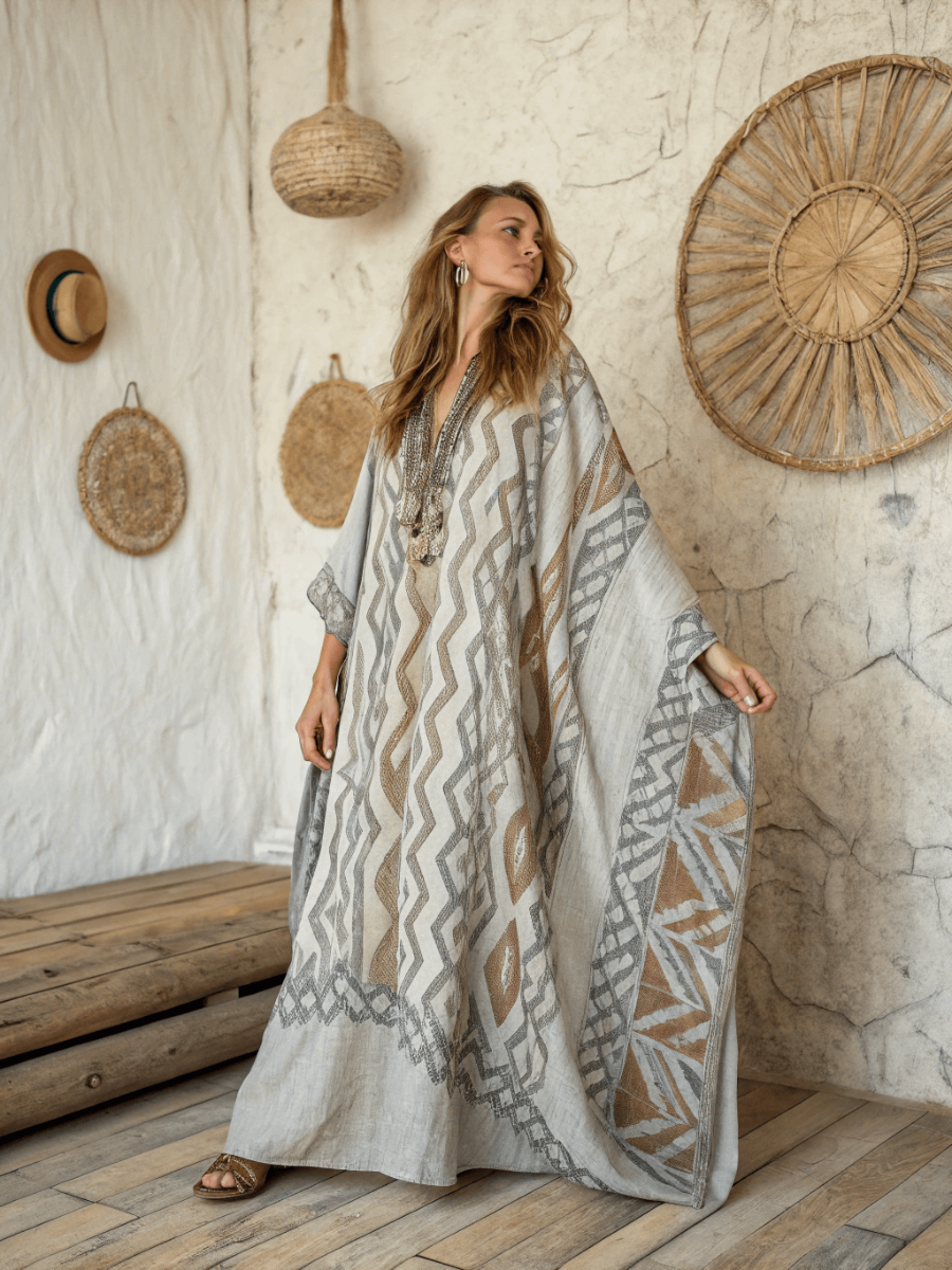 Linen Printed Kaftan Maxi Dress