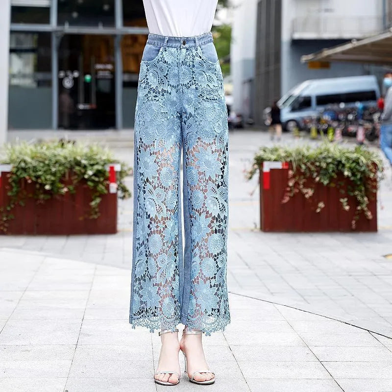 Lace-patched Straight-leg Jeans