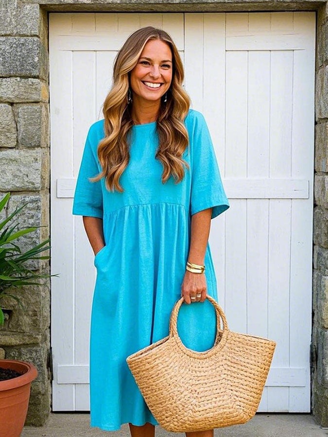 Women's Casual Solid Color Pocket Short Sleeve Dress
