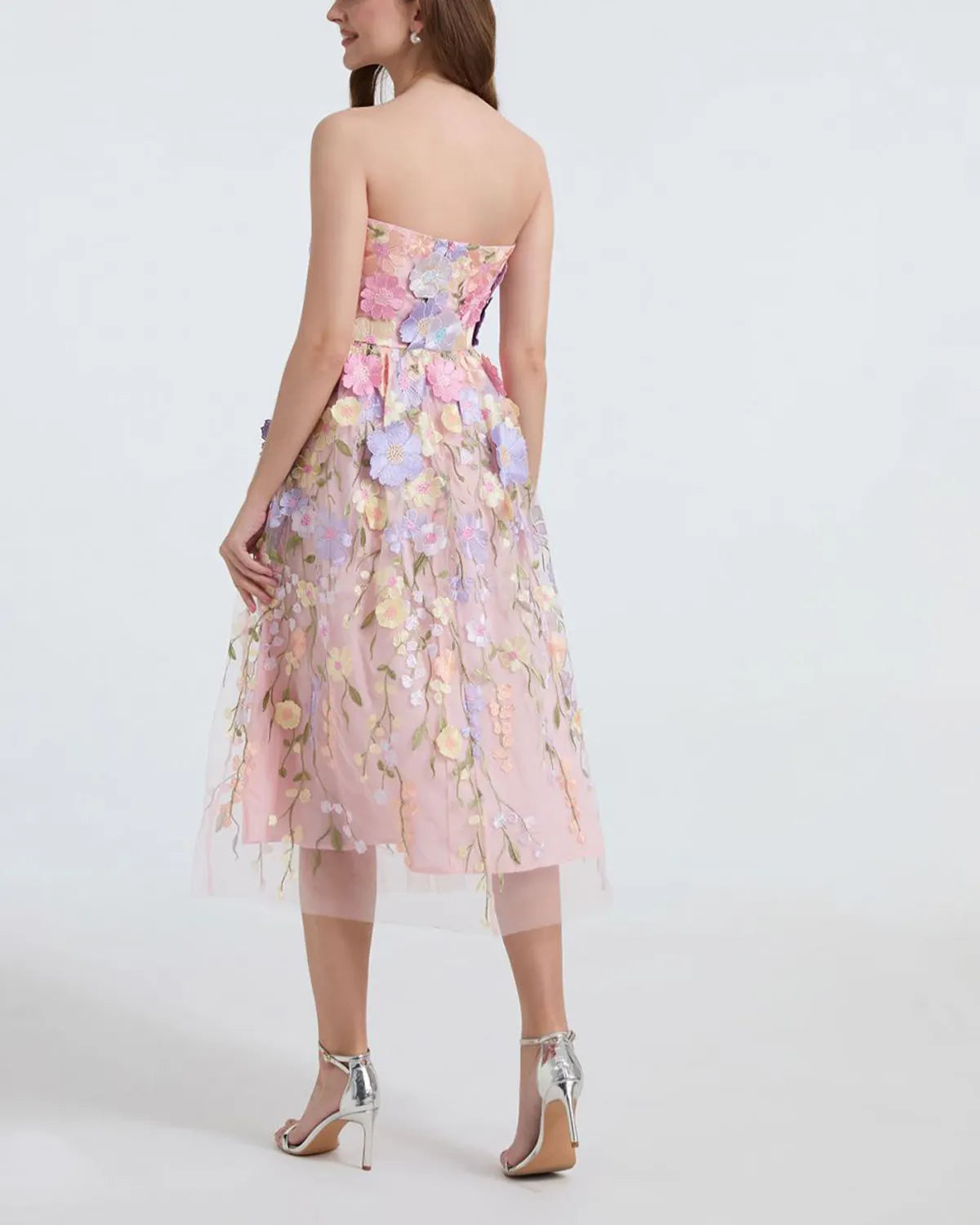Embroidered 3D Applique Strapless Midi Dress