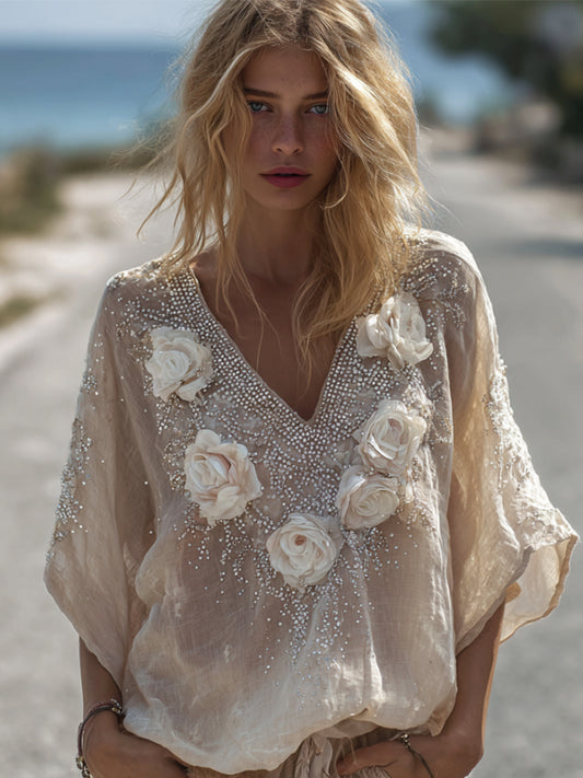 VChics Bohemian Style White Flower V-neck Vintage Linen Short-sleeved T-shirt