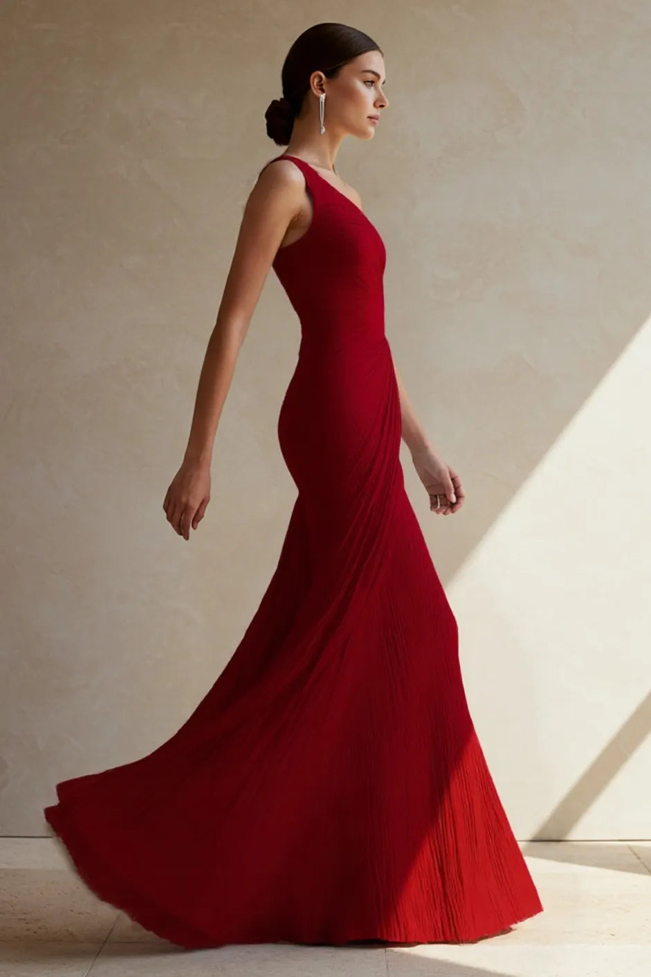 One Shoulder Pleated Maxi Dress Flowy Bodycon Gown Darted Waist Wedding Guest Dress