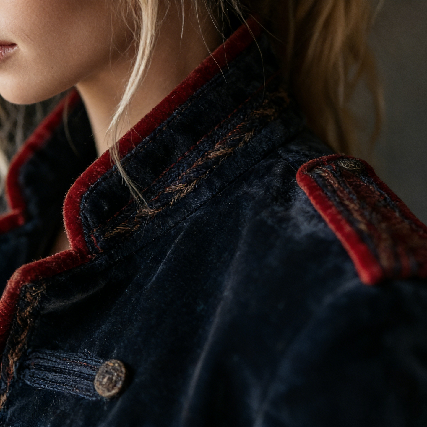 Vintage Naval Velvet Military Blazer with Red Contrast Trim