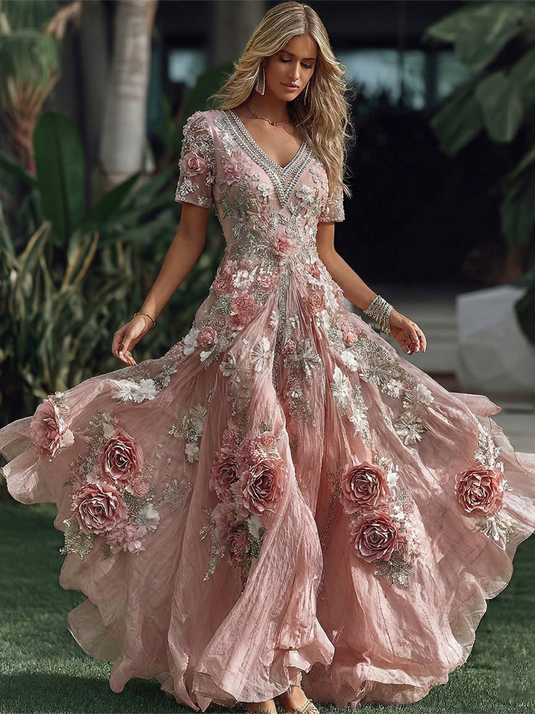 Women's Vacation Rose Floral Print Short Sleeve Dress