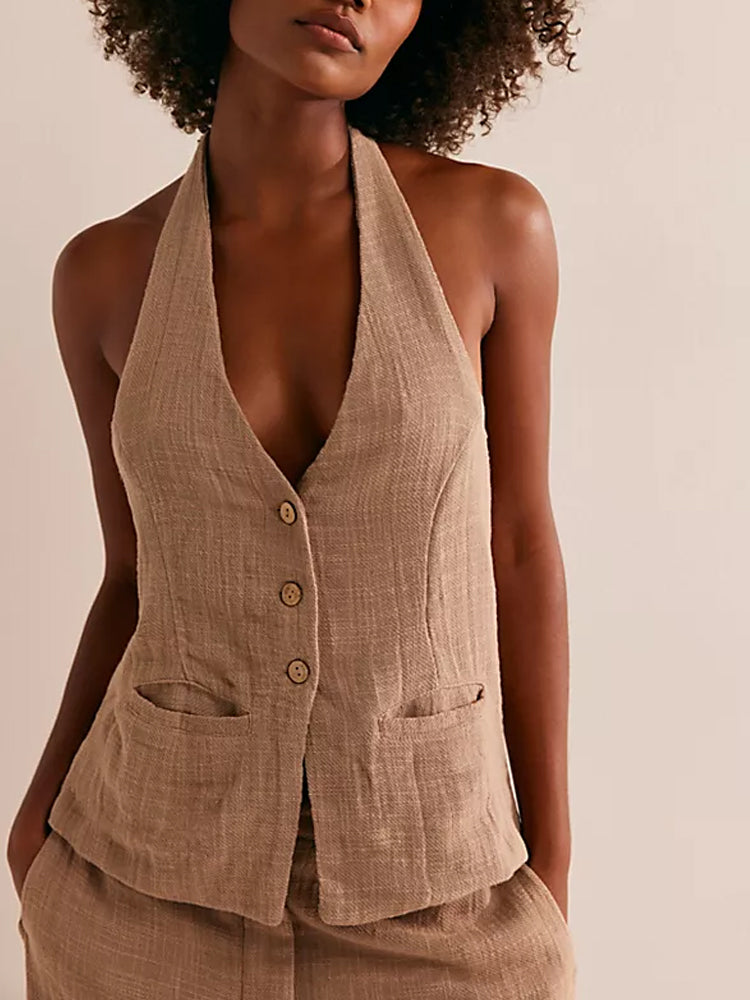 Women's Linen Tie Neck Vest