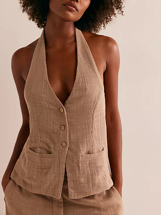 Women's Linen Tie Neck Vest