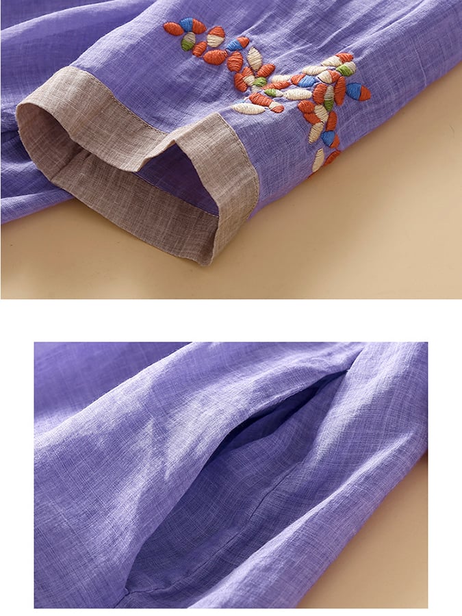 Cotton And Linen Embroidered Contrasting Ethnic Style Dress