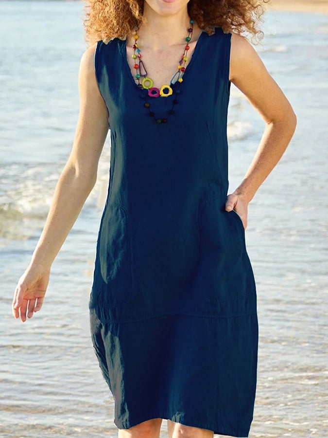 Solid Cotton Hemp U-Neck Sleeveless Pocket Dress