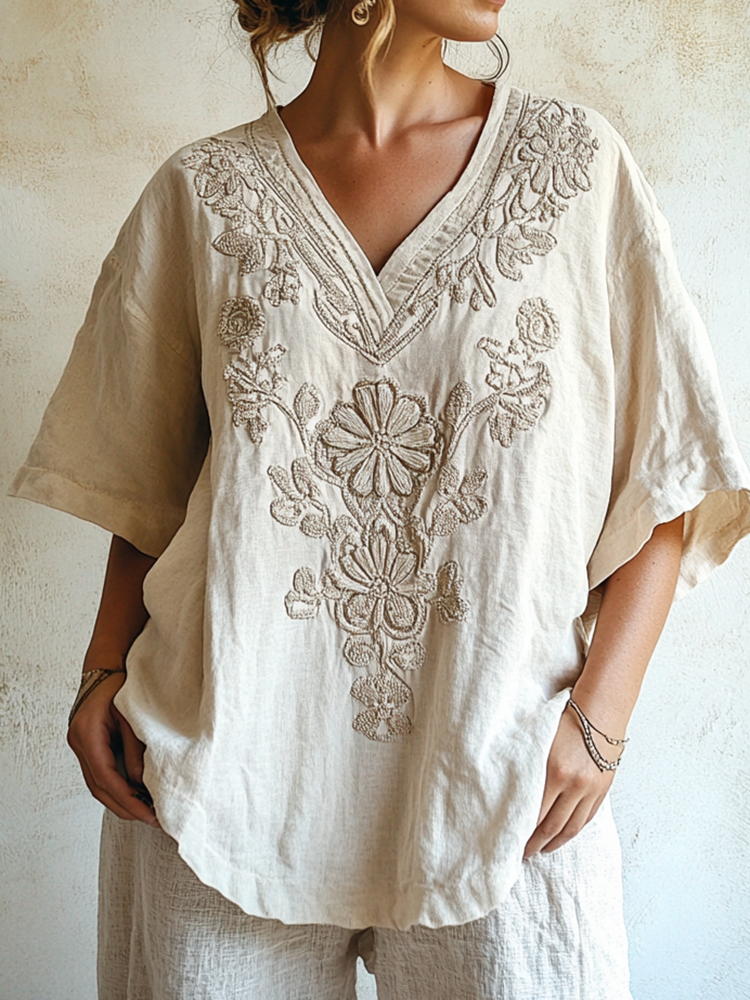 Vintage Floral Lace Art Comfy V Neck T Shirt