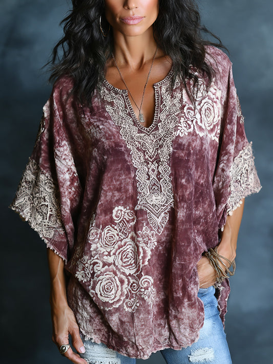 Women's Bohe Floral Tie Dye Art Print Flowy Linen Blend Casual Short Sleeve Tops