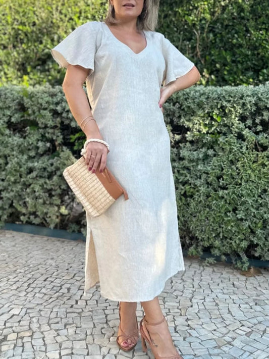 Women's Casual Solid Color V-Neck Short Sleeve Cotton and Linen Dress