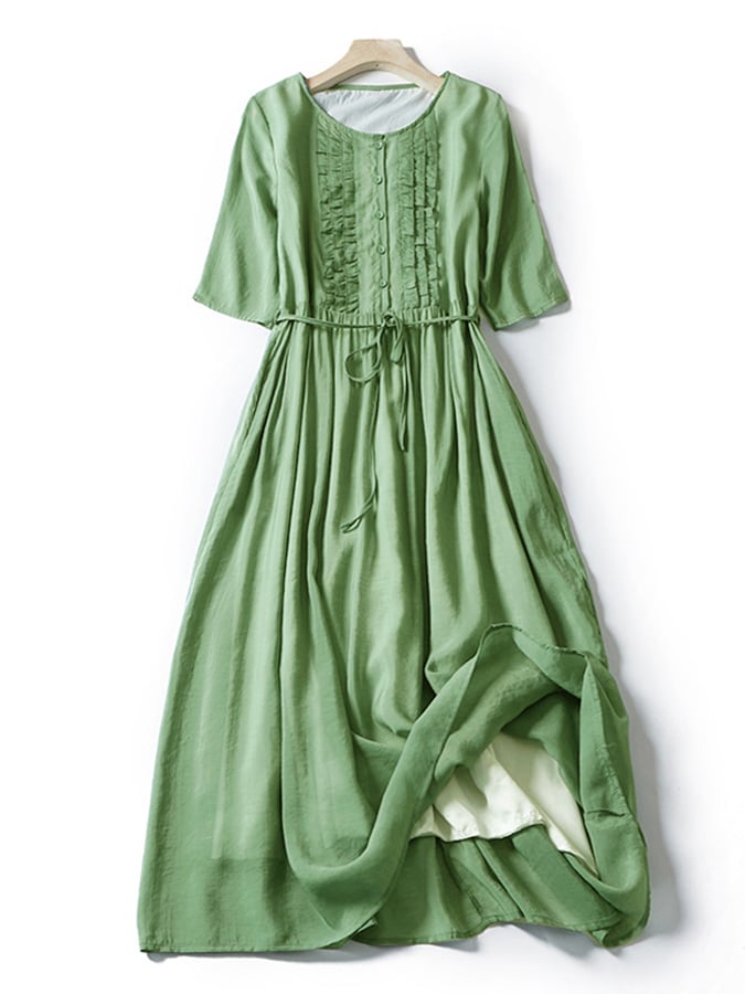Double Layered Lace Up Waist Up Cotton Linen Middle Sleeve Dress