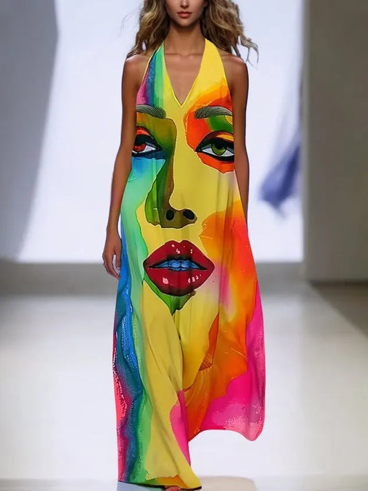 Elegant Random Print Printing Loosen V Neck Maxi Dress