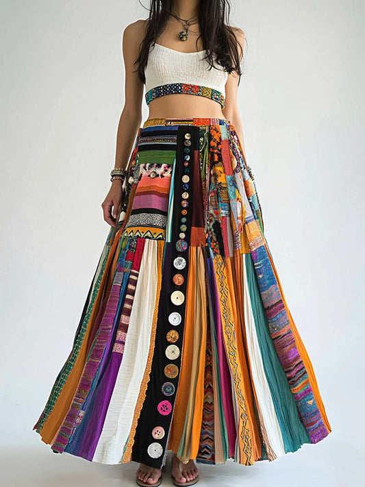 Bohemian Colorful Geometric Art Art Linen Blend Skirt