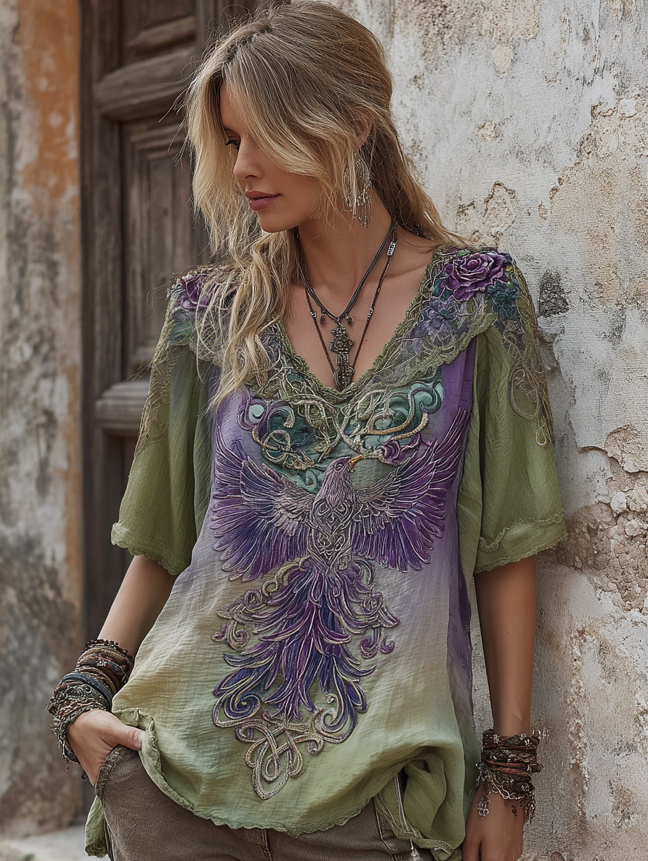 VChics Women's Vintage Viking Celtic Knot Phoenix Embroidery Gradient V-neck T-shirt