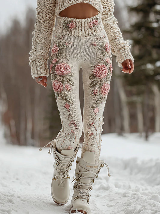 Women's Vintage Pink Floral Art Cozy Knit Leggings