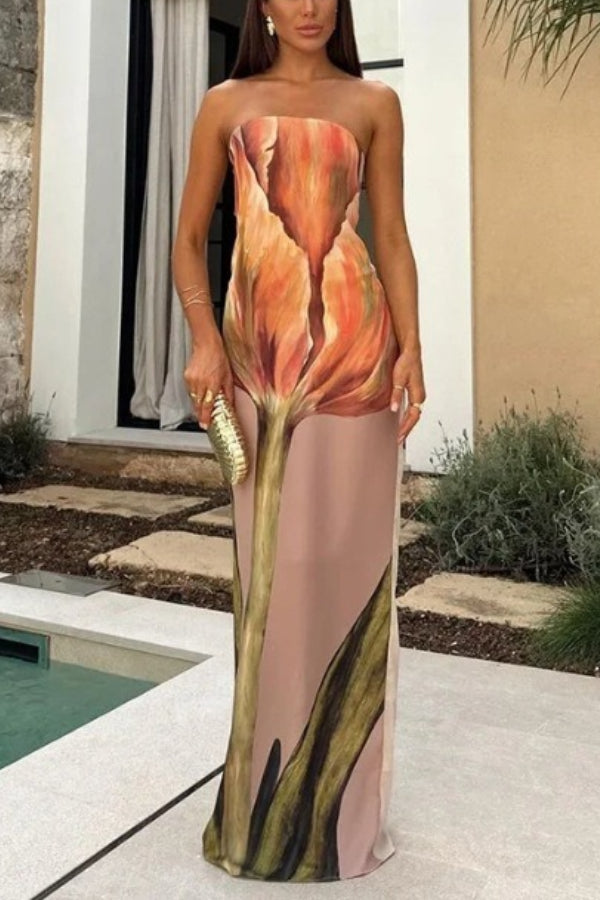Abstract Floral Print Elasticated Off Shoulder Vacation Loose Maxi Dress
