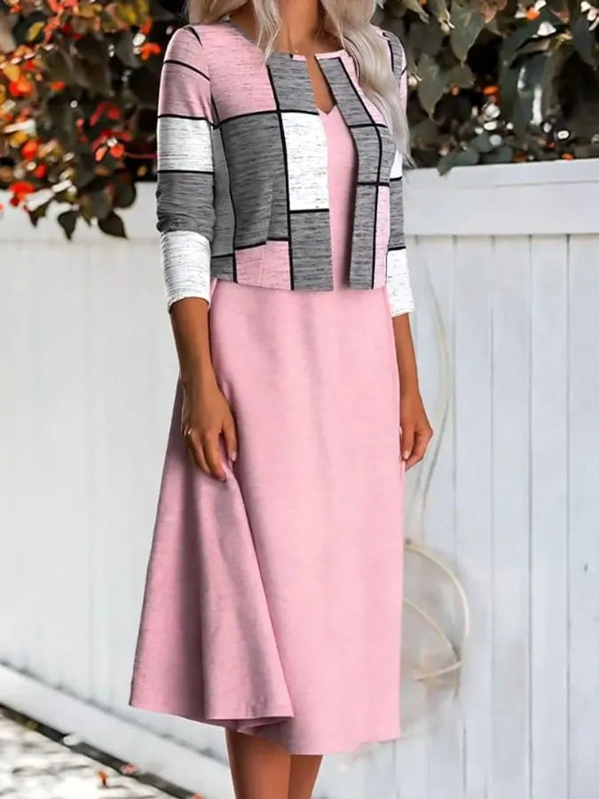Women's Casual V-Neck Vest Dress and Contrast Color Cardigan Set