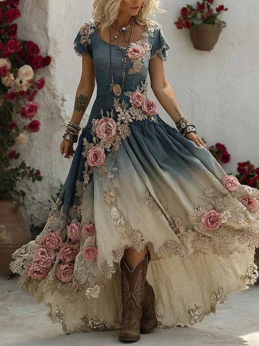 Women's Bohemian Pink Rose Patchwork Art Short Sleeve Maxi Dress