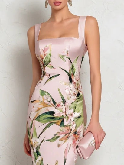 Pink Floral Satin Square Neck Sleeveless Midi Dress