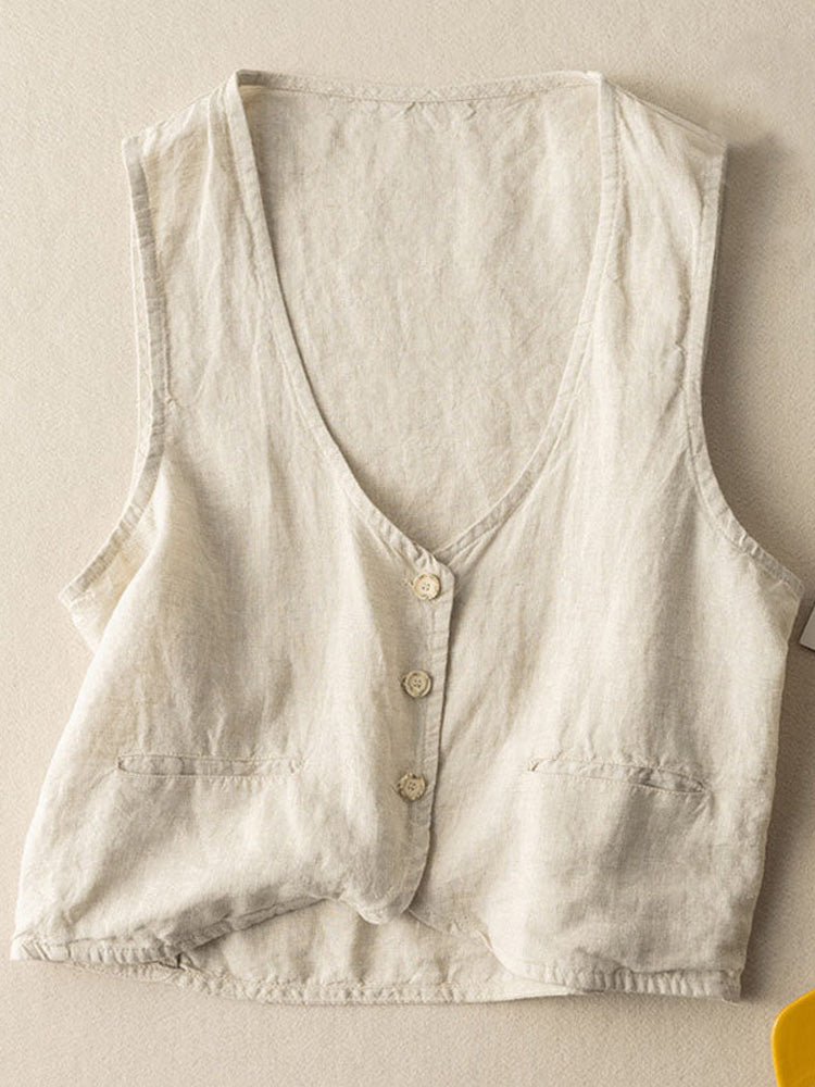 Vintage Linen Blend Pocket Vest