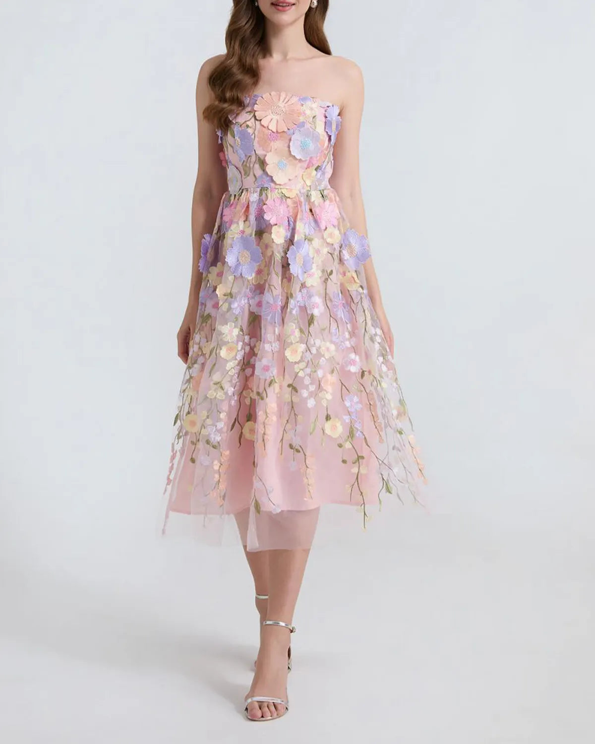 Embroidered 3D Applique Strapless Midi Dress