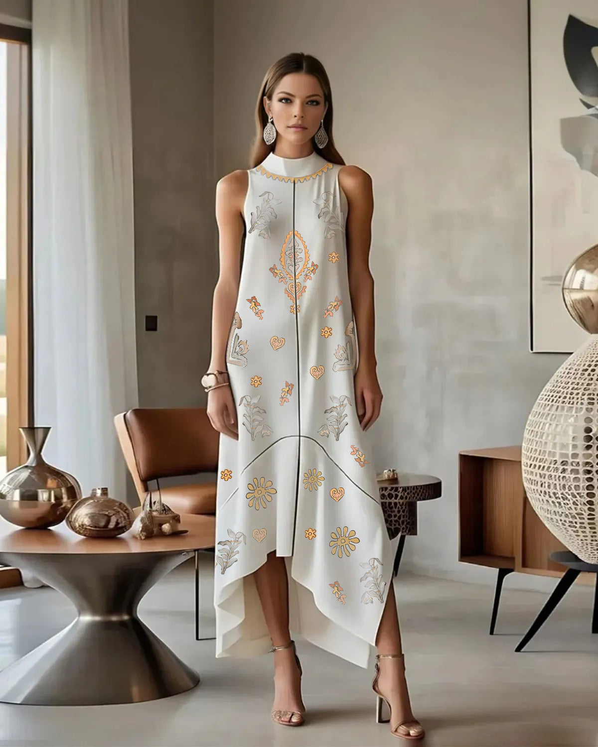 Ethnic Pattern Standing Collar Sleeveless Asymmetrical Hem  Maxi Dress