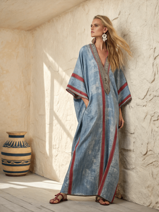 Linen Printed Kaftan Maxi Dress