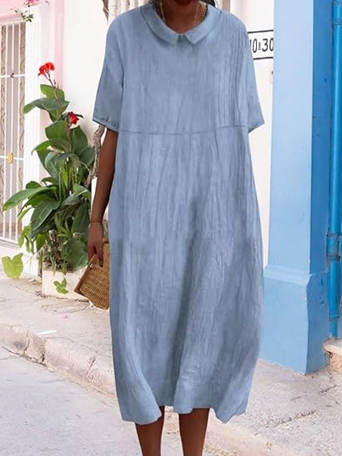 Women's Casual Solid Color Lapel Short Sleeve Cotton and Linen Dress