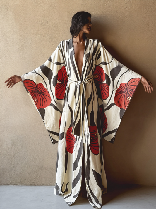 Women's Red Floral Kimono Linen Robe (Including Belt)
