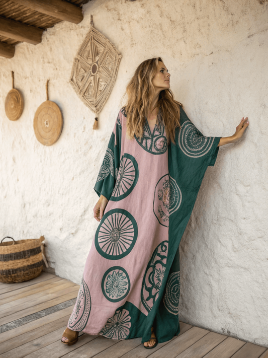 Linen Printed Kaftan Maxi Dress