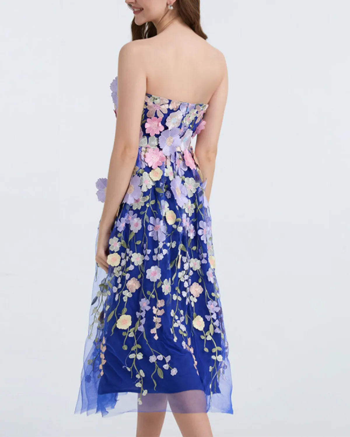Embroidered 3D Applique Strapless Midi Dress