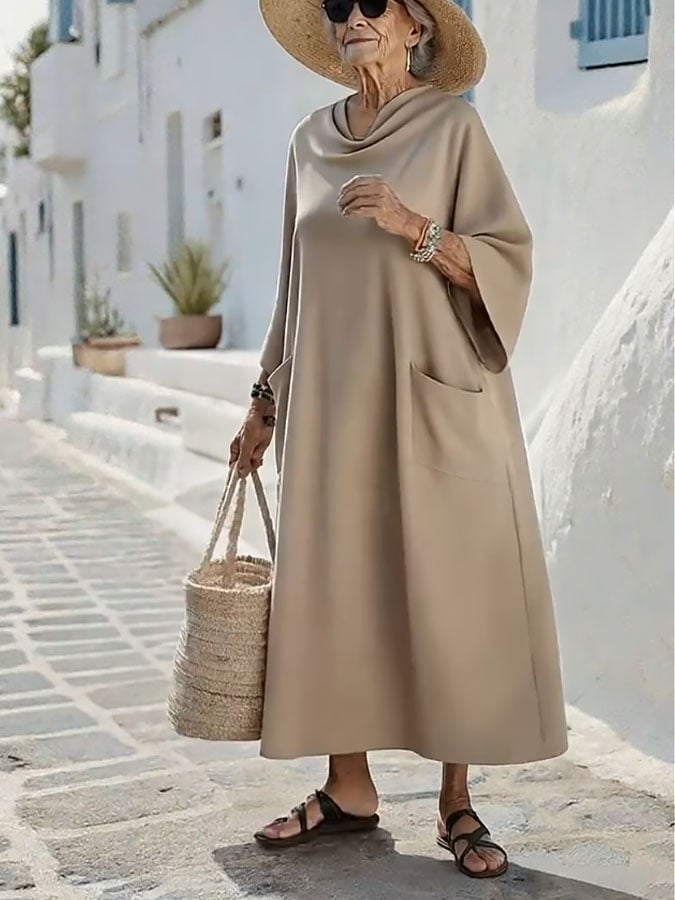 Women'S Holiday Solid Color Swing Collar Three-Quarter Sleeve Dress