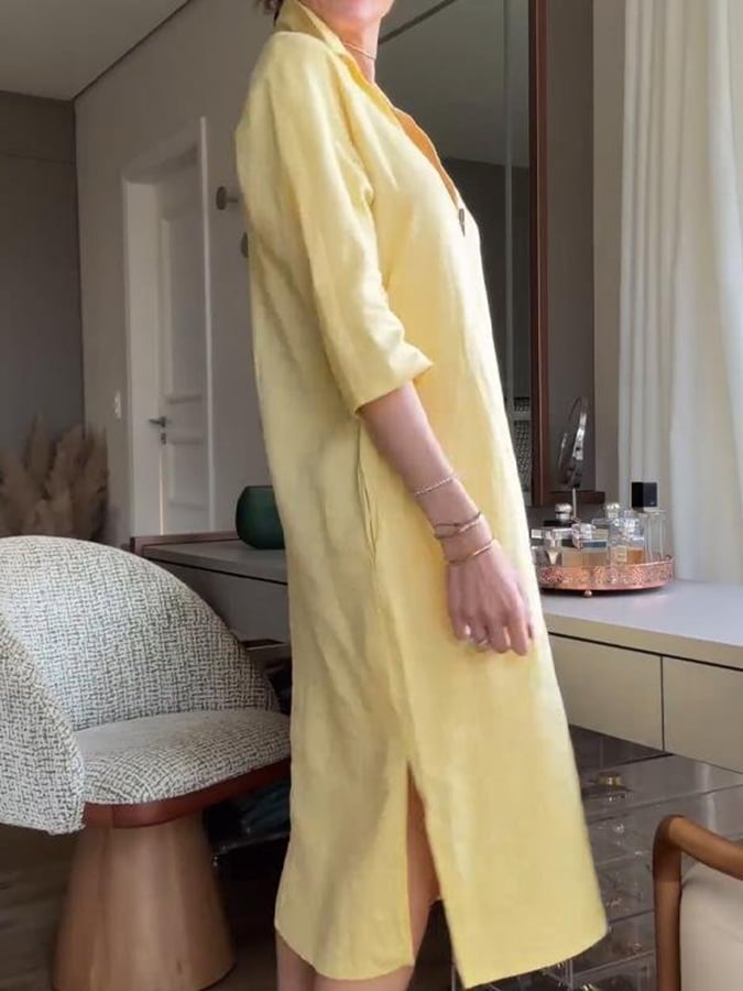 Ladies V-Neck Slit Loose Cotton And Linen Dress