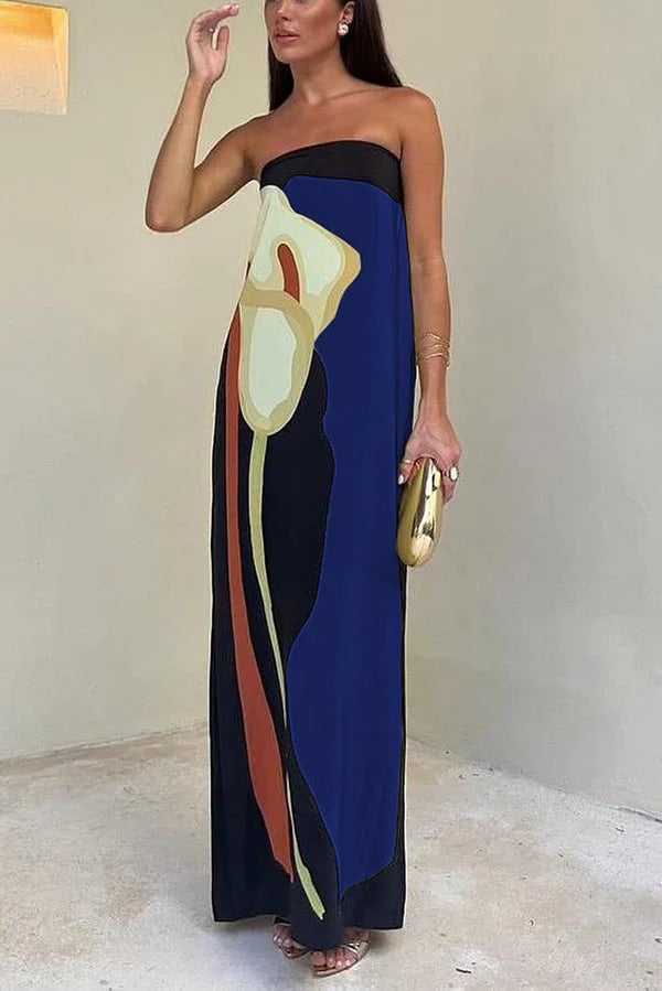 Abstract Floral Print Elasticated Off Shoulder Vacation Loose Maxi Dress