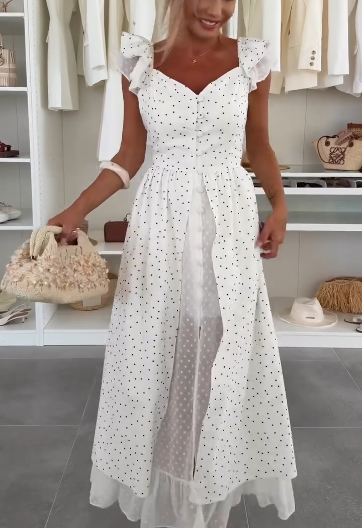 Polka Dot Ruffle Sleeve Midi Dress with Double Layer