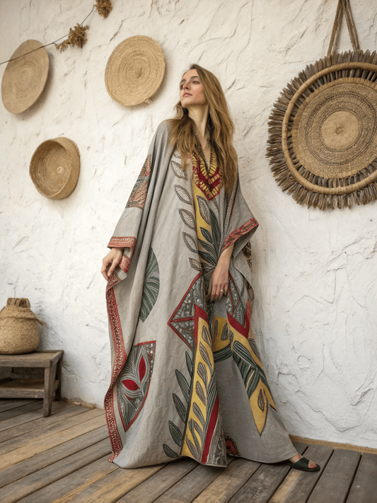 Linen Printed Kaftan Maxi Dress