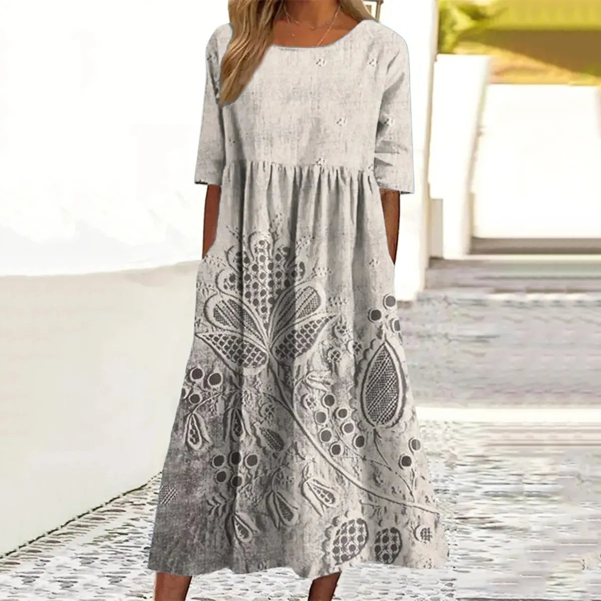 Lace Flower Print Round Neck Short Sleeve Midi Dress