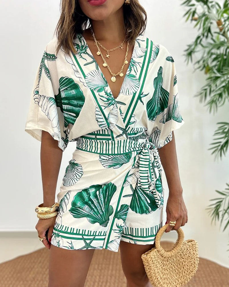 Starfish & Seashell Print Overlap V Neck Half Sleeve Wrap Knot Side Romper Casual Stretchy Back Waist Vacation Romper