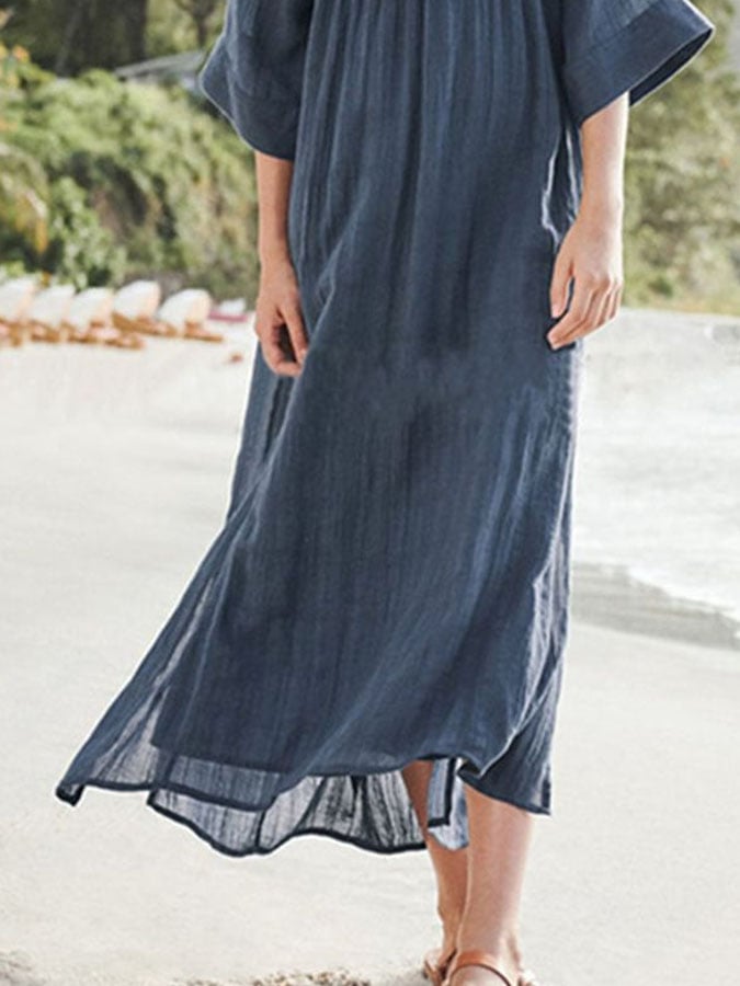 Women's Casual Solid Color V-Neck Three-quarter Sleeve Dress