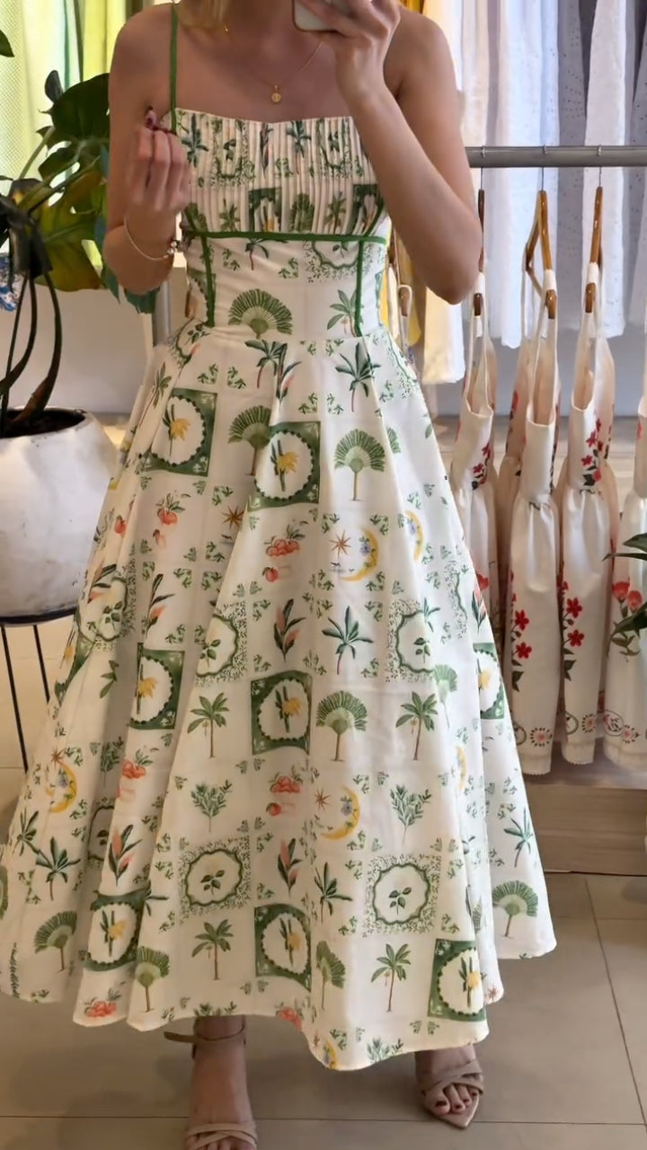 Plant Print Spaghetti Strap Flare Maxi Dress