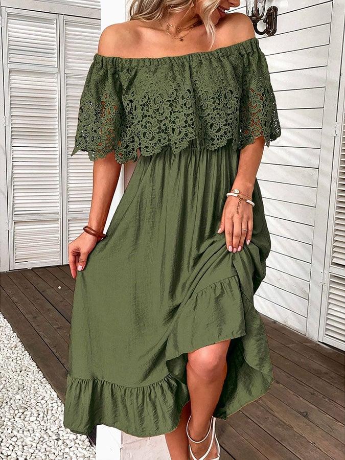 Women'S Casual Solid Color Splicing Lace Ruffle Dress