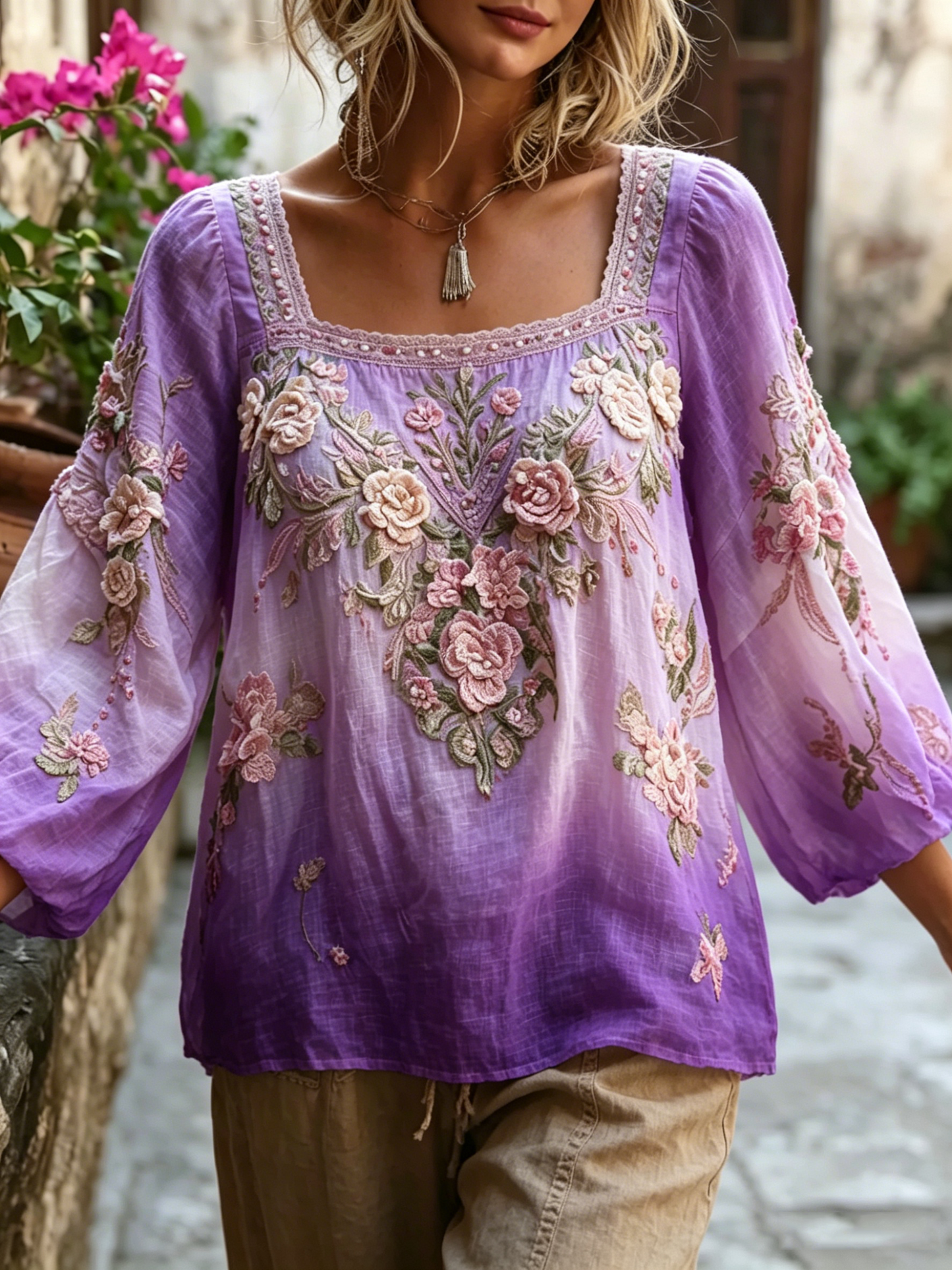 🌸 Women's Ombre Floral Embroidered Boho Blouse